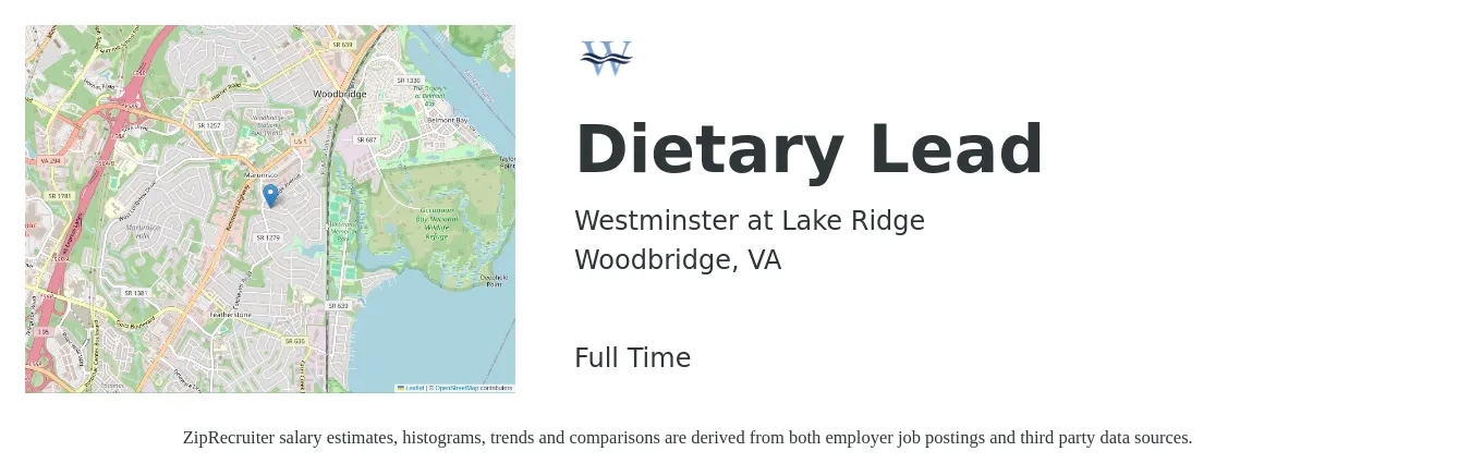 Westminster at Lake Ridge job posting for a Dietary Lead in Woodbridge, VA with a salary of $13 to $17 Hourly with a map of Woodbridge location.