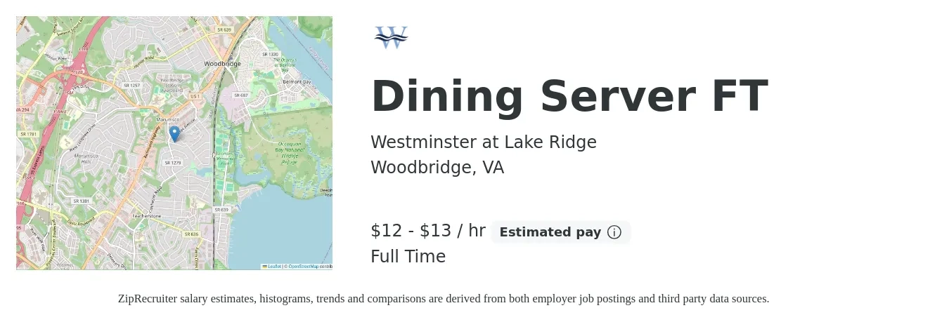 Westminster at Lake Ridge job posting for a Dining Server FT in Woodbridge, VA with a salary of $12 to $14 Hourly with a map of Woodbridge location.