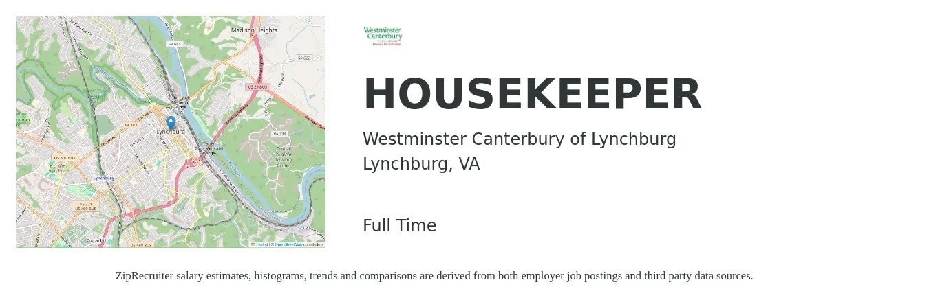 Westminster-Canterbury of Lynchburg job posting for a HOUSEKEEPER in Lynchburg, VA with a salary of $14 to $18 Hourly with a map of Lynchburg location.