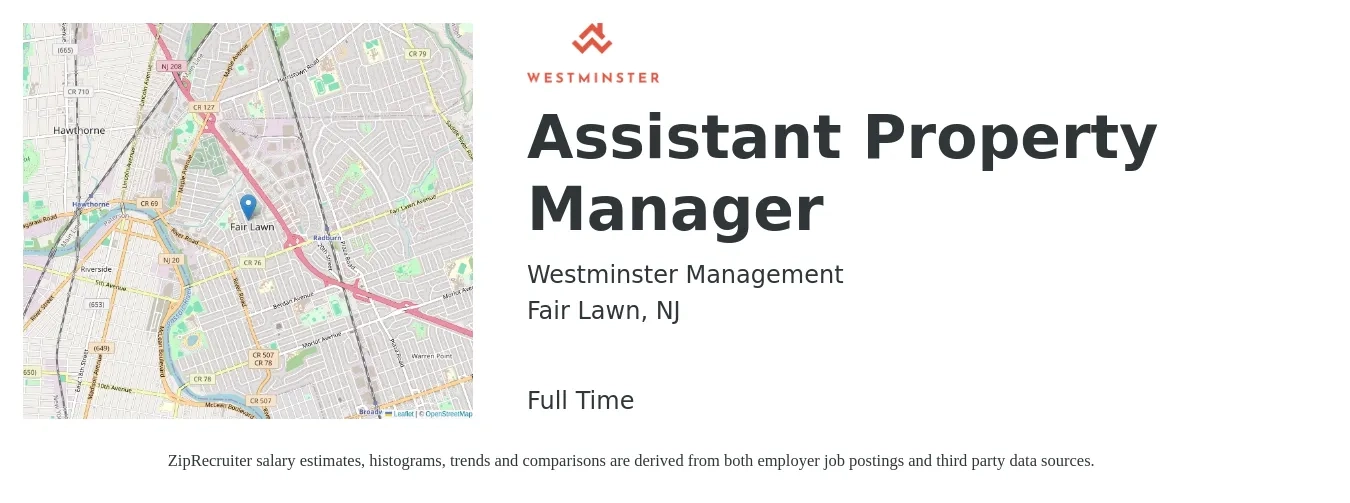 Westminster Management job posting for a Assistant Property Manager in Fair Lawn, NJ with a salary of $19 to $26 Hourly with a map of Fair Lawn location.