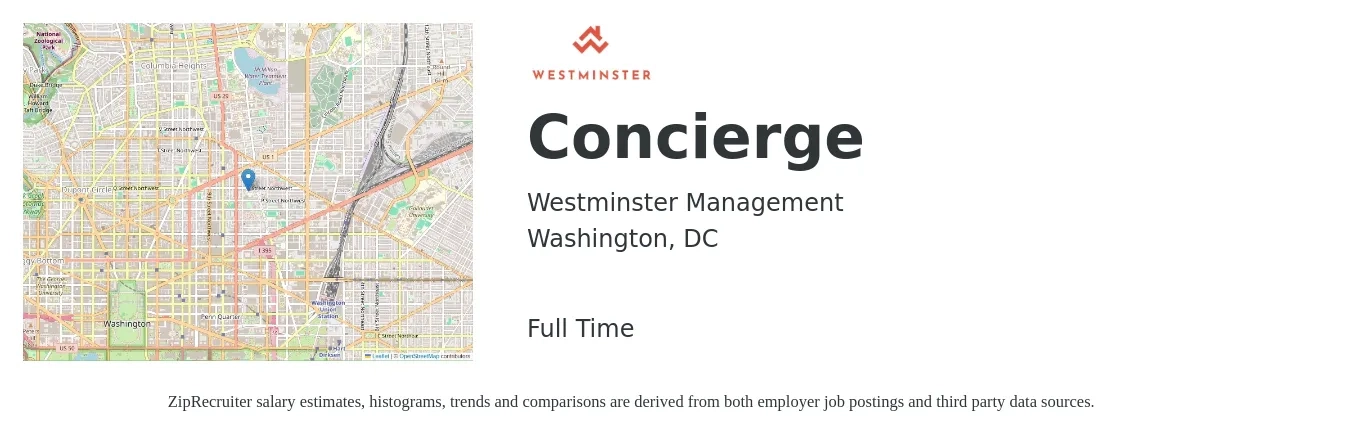 Westminster Management job posting for a Concierge in Washington, DC with a salary of $18 to $23 Hourly with a map of Washington location.