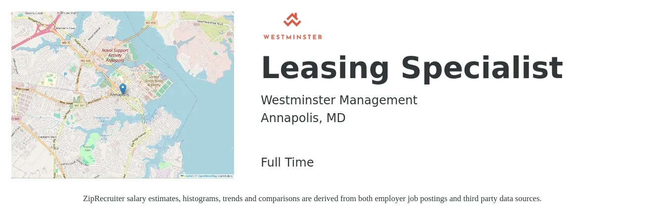 Westminster Management job posting for a Leasing Specialist in Annapolis, MD with a salary of $16 to $22 Hourly with a map of Annapolis location.