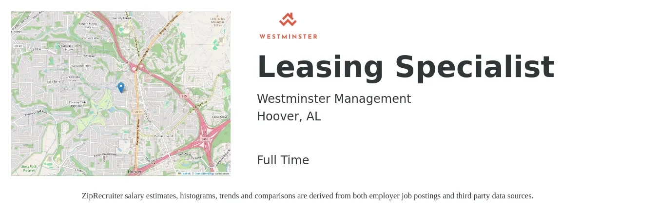 Westminster Management job posting for a Leasing Specialist in Hoover, AL with a salary of $15 to $20 Hourly with a map of Hoover location.