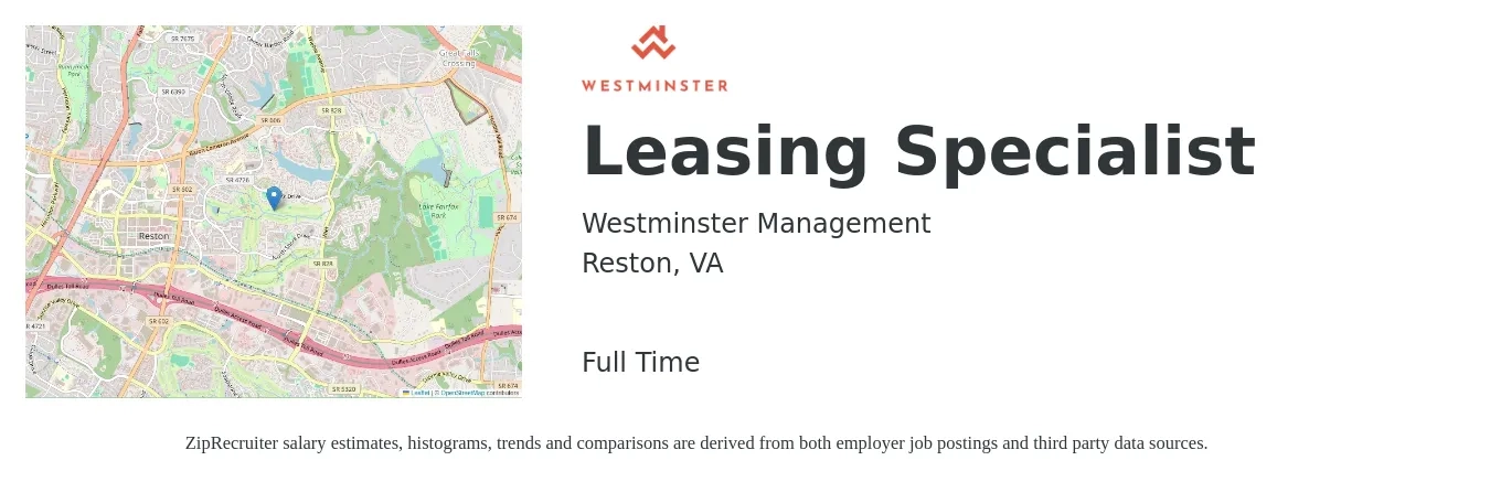 Westminster Management job posting for a Leasing Specialist in Reston, VA with a salary of $18 to $23 Hourly with a map of Reston location.