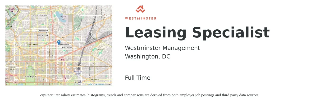 Westminster Management job posting for a Leasing Specialist in Washington, DC with a salary of $19 to $25 Hourly with a map of Washington location.