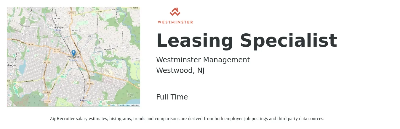 Westminster Management job posting for a Leasing Specialist in Westwood, NJ with a salary of $18 to $24 Hourly with a map of Westwood location.