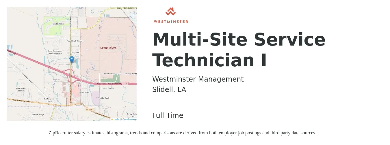 Westminster Management job posting for a Multi-Site Service Technician I in Slidell, LA with a salary of $18 to $24 Hourly with a map of Slidell location.