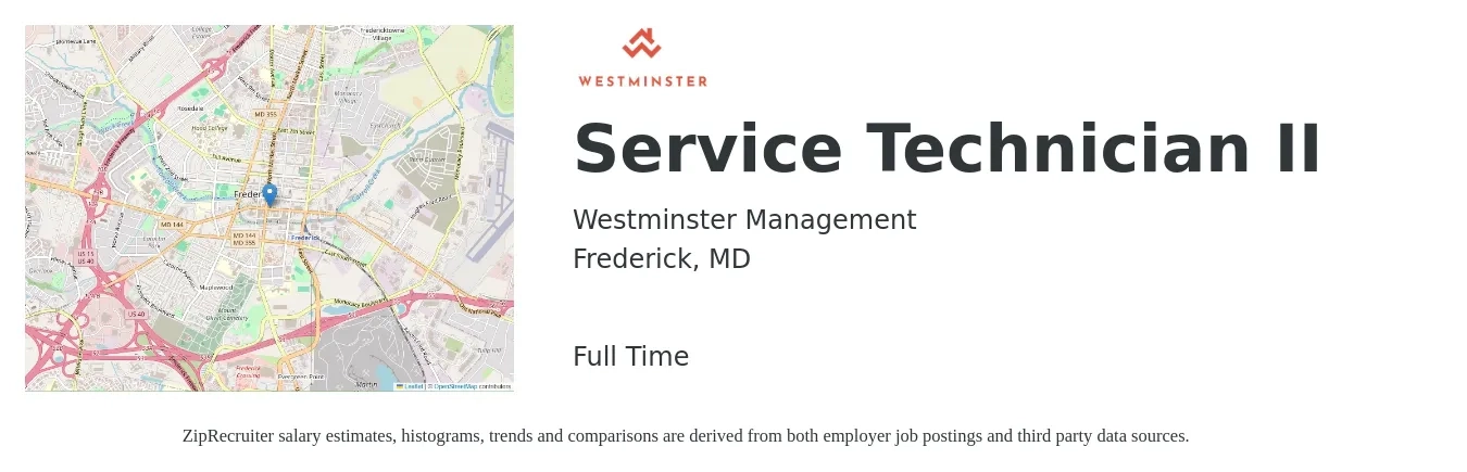 Westminster Management job posting for a Service Technician II in Frederick, MD with a salary of $20 to $28 Hourly with a map of Frederick location.
