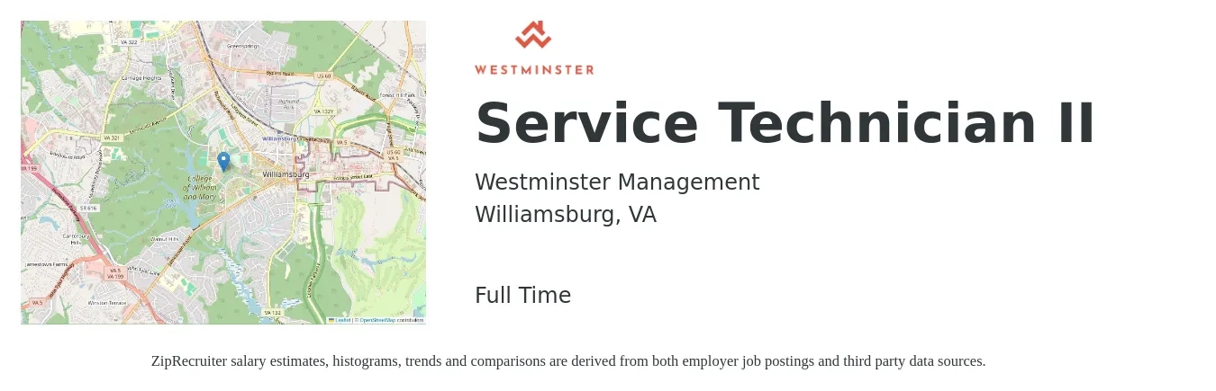 Westminster Management job posting for a Service Technician II in Williamsburg, VA with a salary of $19 to $26 Hourly with a map of Williamsburg location.