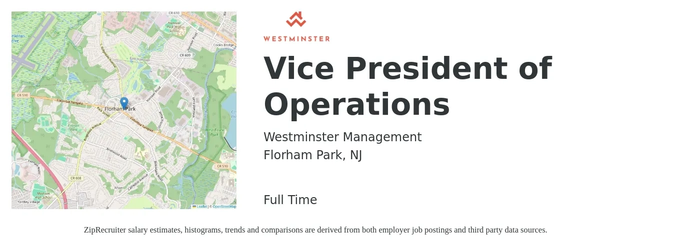 Westminster Management job posting for a Vice President of Operations in Florham Park, NJ with a salary of $120,900 to $193,600 Yearly with a map of Florham Park location.