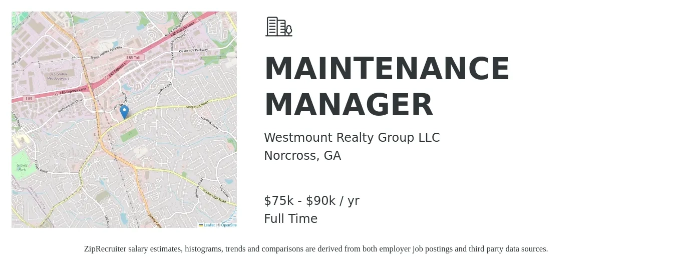 Westmount Realty Group LLC job posting for a MAINTENANCE MANAGER in Norcross, GA with a salary of $75,000 to $90,000 Yearly with a map of Norcross location.