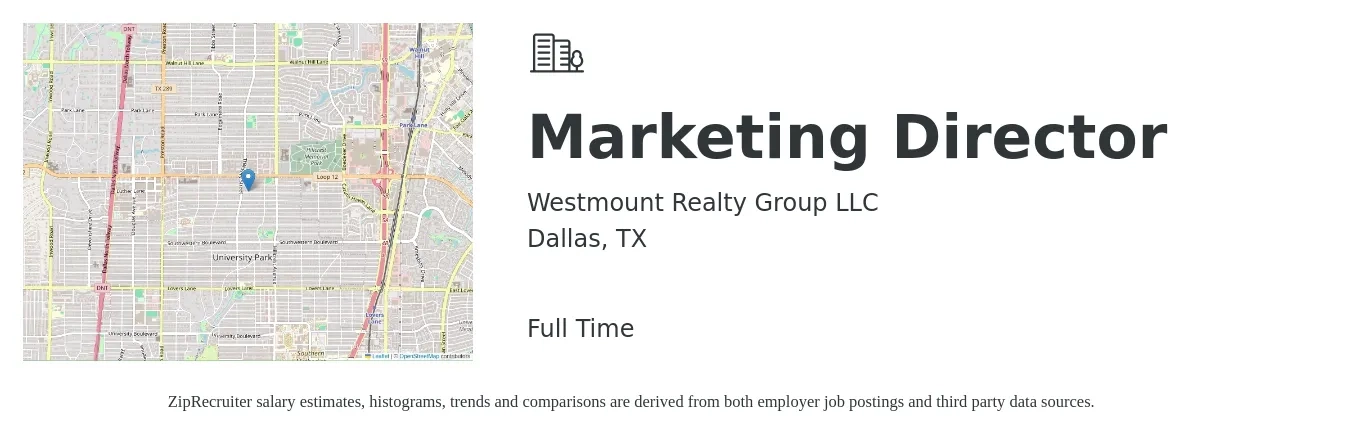 Westmount Realty Group LLC job posting for a Marketing Director in Dallas, TX with a salary of $70,800 to $130,100 Yearly with a map of Dallas location.