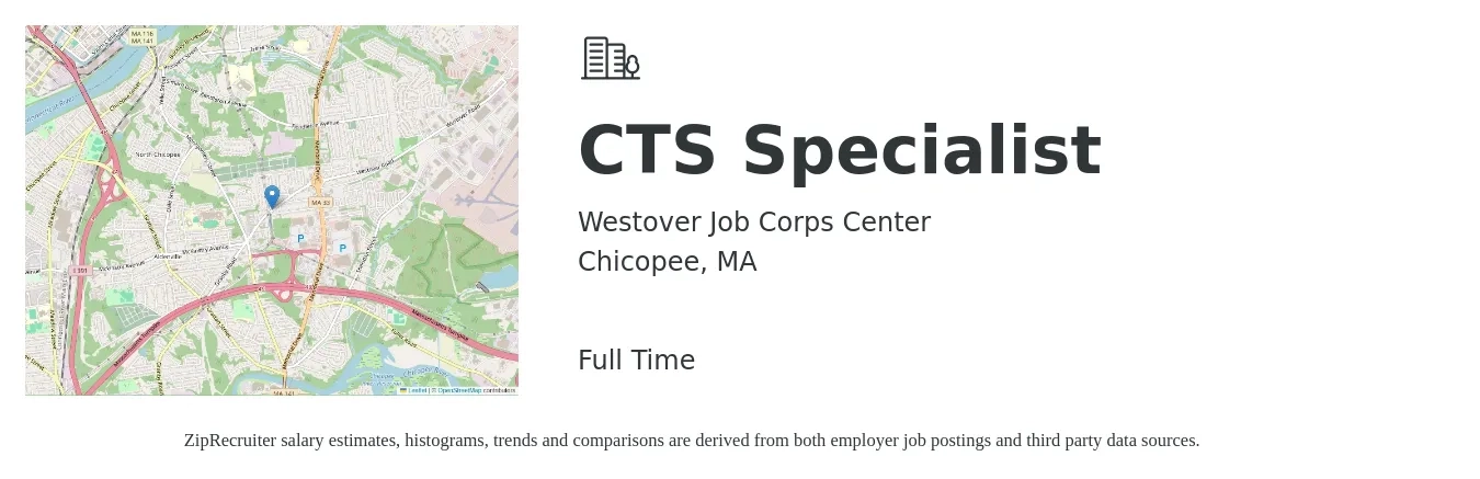 Westover Job Corps Center job posting for a CTS Specialist in Chicopee, MA with a salary of $39,200 to $56,800 Yearly with a map of Chicopee location.