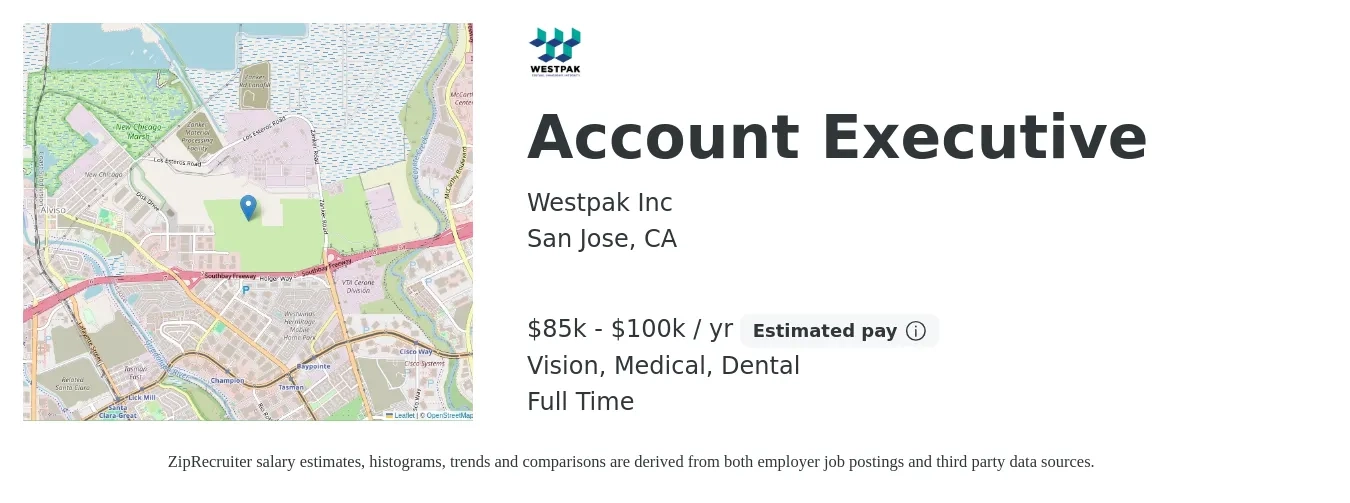 Westpak Inc job posting for a Account Executive in San Jose, CA with a salary of $85,000 to $100,000 Yearly with a map of San Jose location.