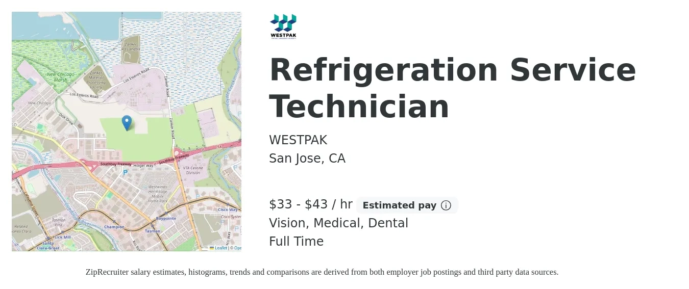 WESTPAK job posting for a Refrigeration Service Technician in San Jose, CA with a salary of $35 to $45 Hourly and benefits including dental, life_insurance, medical, retirement, and vision with a map of San Jose location.