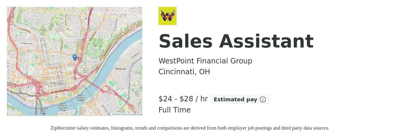 WestPoint Financial Group job posting for a Sales Assistant in Cincinnati, OH with a salary of $25 to $30 Hourly with a map of Cincinnati location.