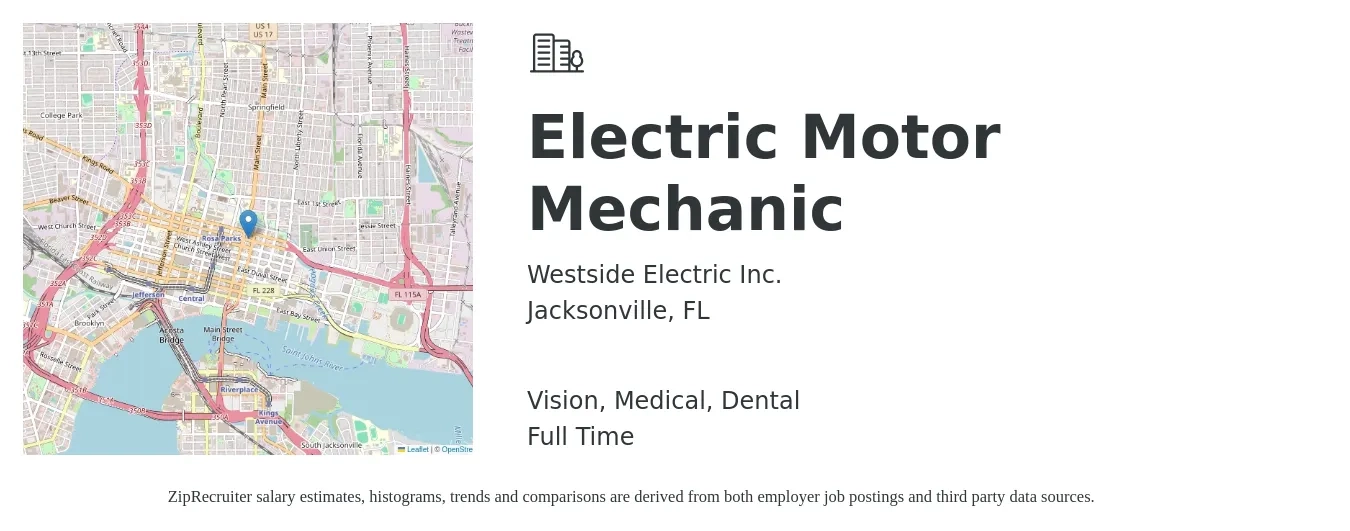 Westside Electric Inc. job posting for a Electric Motor Mechanic in Jacksonville, FL with a salary of $20 to $25 Hourly and benefits including medical, pto, vision, dental, and life_insurance with a map of Jacksonville location.