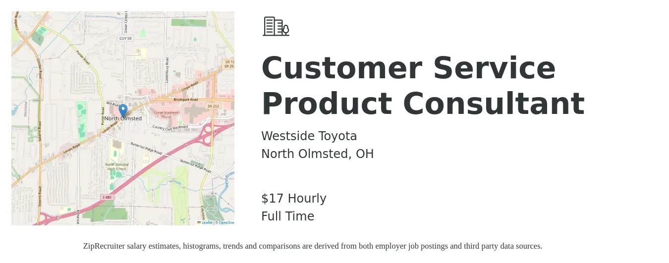 Westside Toyota job posting for a Customer Service Product Consultant in North Olmsted, OH with a salary of $18 Hourly with a map of North Olmsted location.