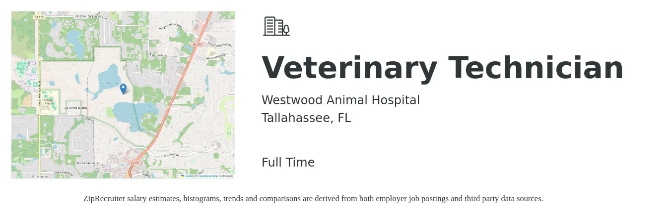 Westwood Animal Hospital job posting for a Veterinary Technician in Tallahassee, FL with a salary of $18 to $24 Hourly with a map of Tallahassee location.