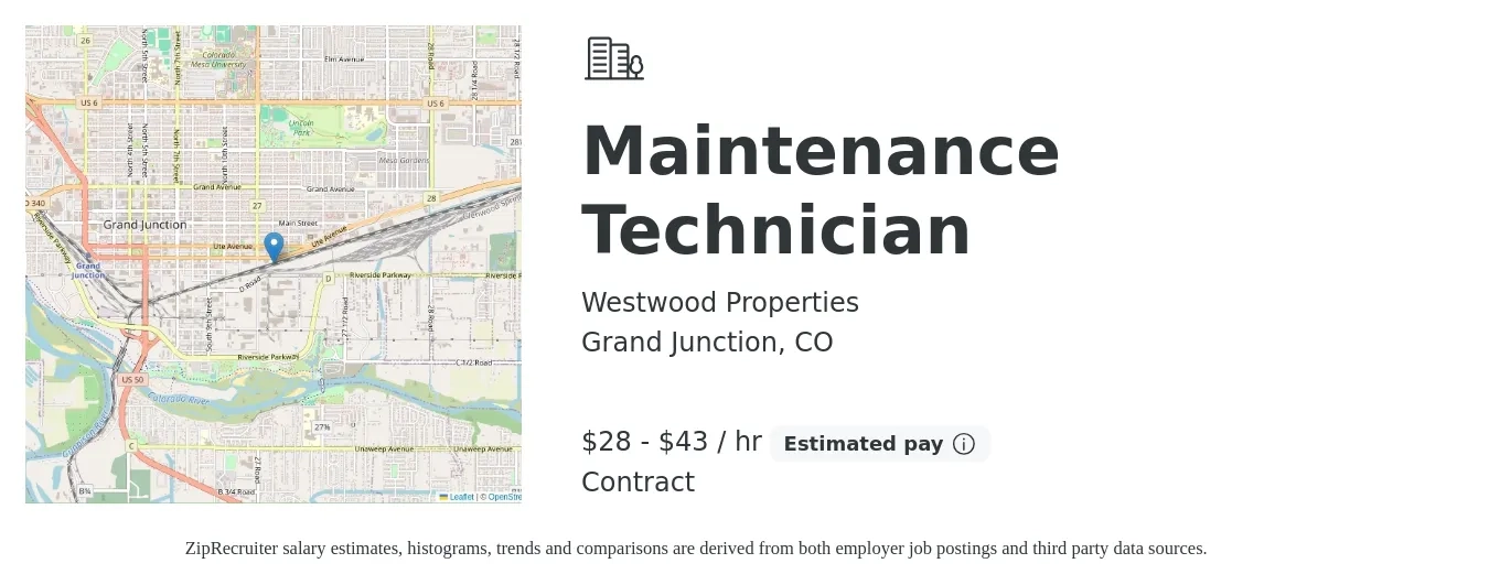 Westwood Properties job posting for a Maintenance Technician in Grand Junction, CO with a salary of $30 to $45 Hourly with a map of Grand Junction location.