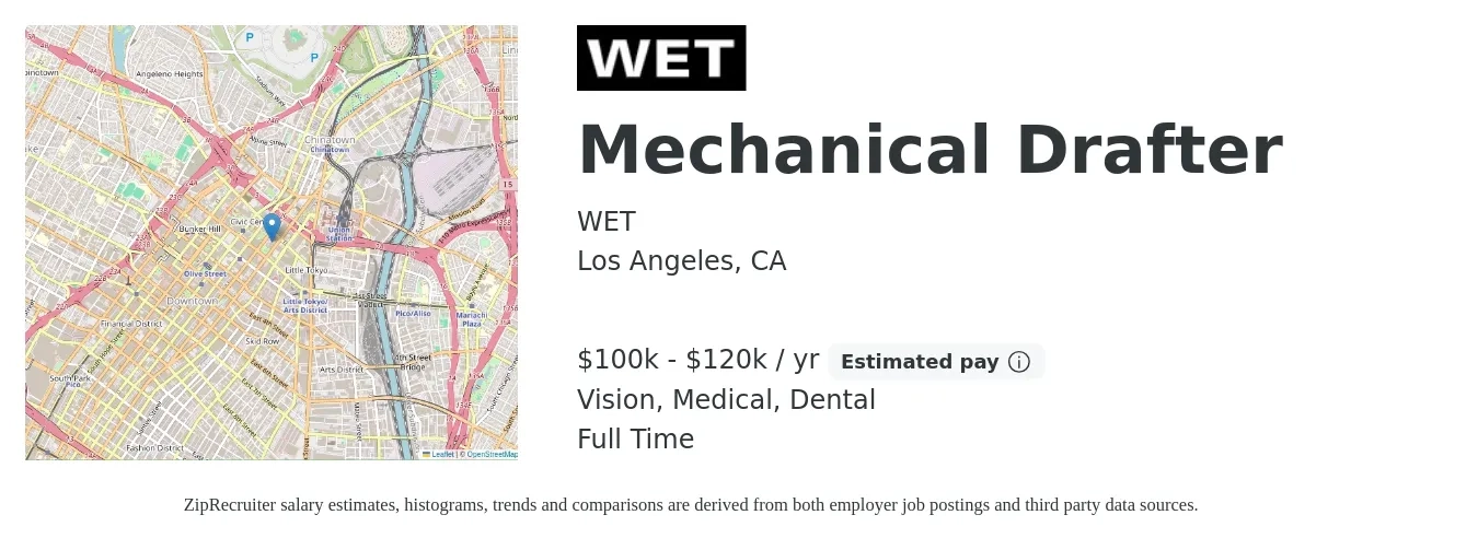 WET job posting for a Mechanical Drafter in Los Angeles, CA with a salary of $100,000 to $120,000 Yearly and benefits including retirement, vision, dental, life_insurance, and medical with a map of Los Angeles location.