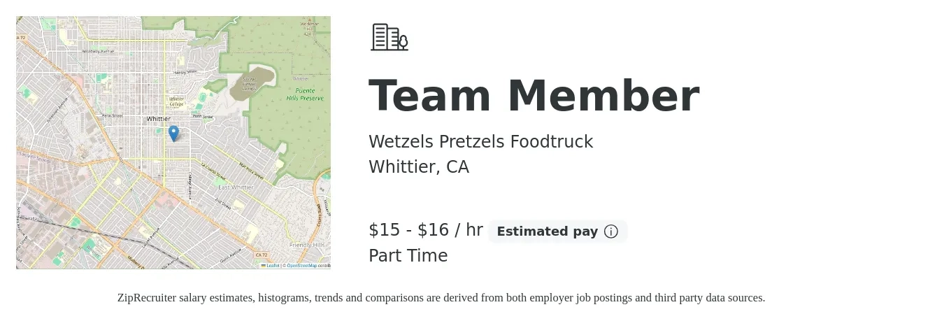 Wetzels Pretzels Foodtruck job posting for a Team Member in Whittier, CA with a salary of $16 to $17 Hourly with a map of Whittier location.
