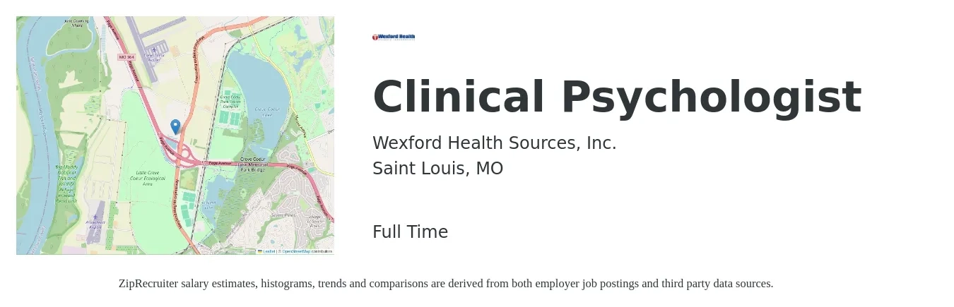 Wexford Health Sources, Inc. job posting for a Clinical Psychologist in Saint Louis, MO with a salary of $86,000 to $118,600 Yearly with a map of Saint Louis location.