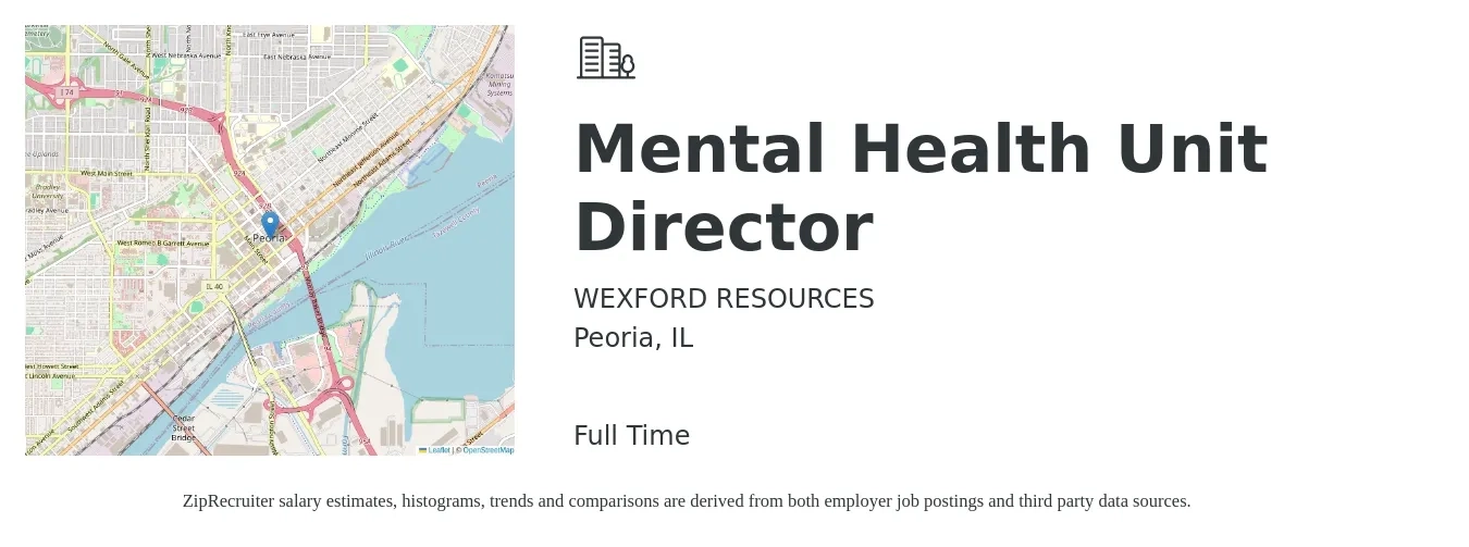 WEXFORD RESOURCES job posting for a Mental Health Unit Director in Peoria, IL with a salary of $102,600 to $126,100 Yearly with a map of Peoria location.