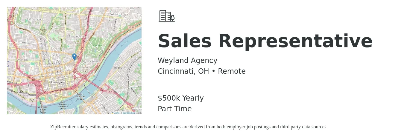 Weyland Agency job posting for a Sales Representative in Cincinnati, OH with a salary of $50,000 to $250,000 Yearly with a map of Cincinnati location.