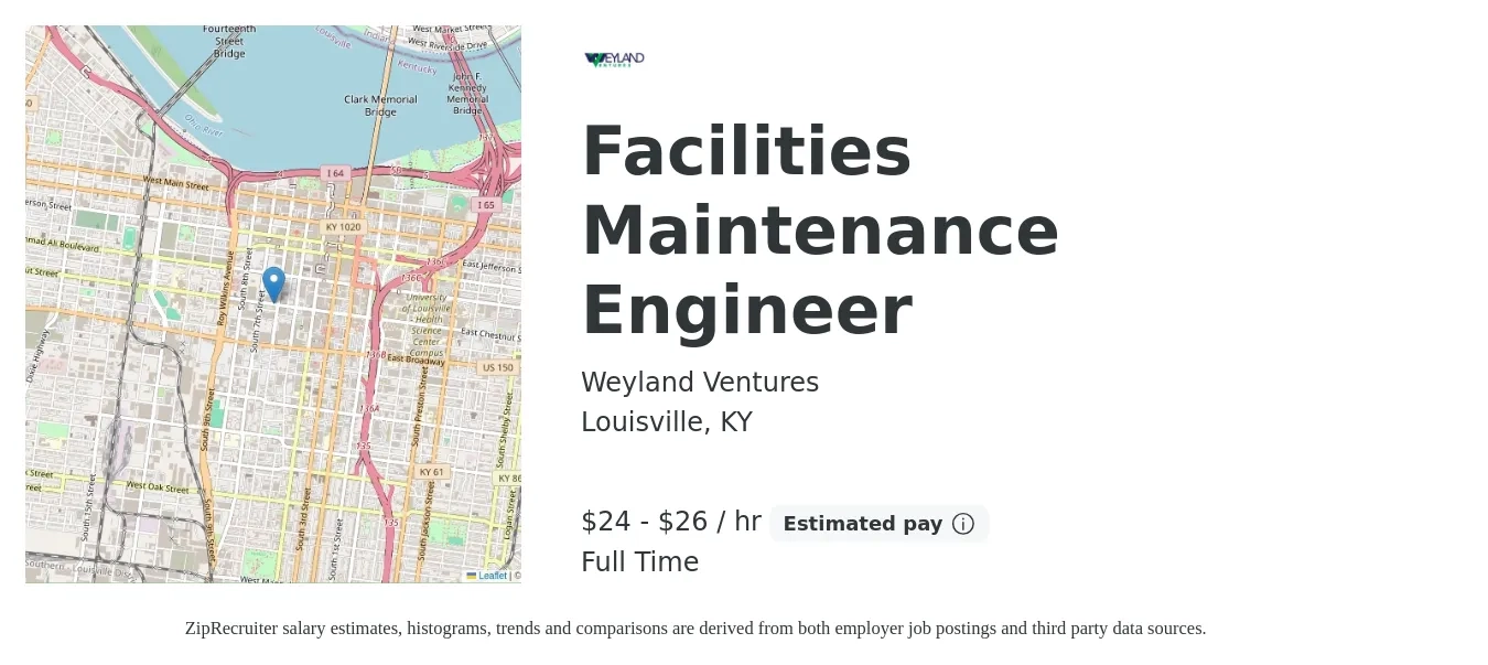 Weyland Ventures job posting for a Facilities Maintenance Engineer in Louisville, KY with a salary of $25 to $28 Hourly with a map of Louisville location.
