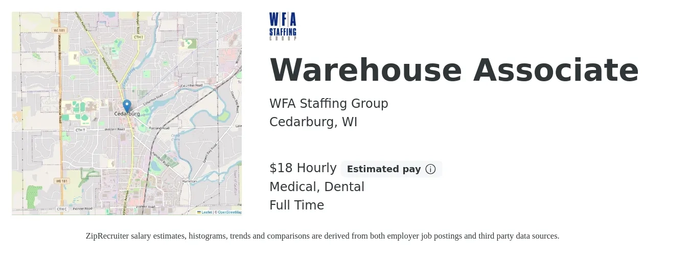 WFA Staffing Group job posting for a Warehouse Associate in Cedarburg, WI with a salary of $19 Hourly and benefits including medical, retirement, dental, and life_insurance with a map of Cedarburg location.
