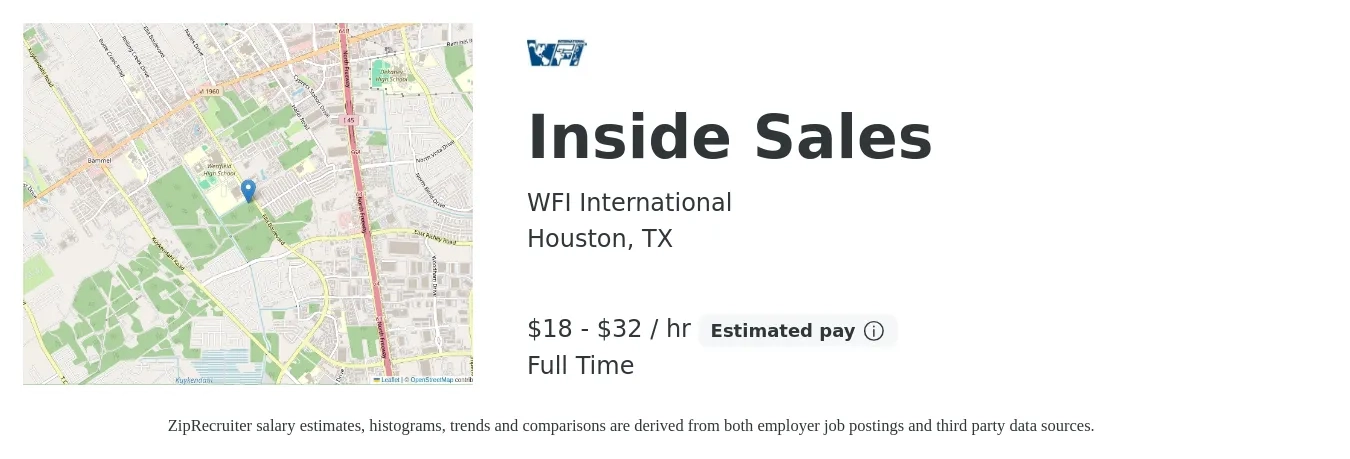 WFI International job posting for a Inside Sales in Houston, TX with a salary of $40,000 to $70,000 Yearly with a map of Houston location.