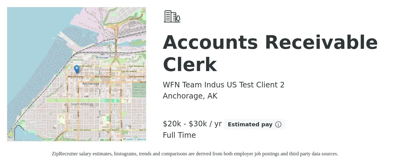 WFN Team Indus US Test Client 2 job posting for a Accounts Receivable Clerk in Anchorage, AK with a salary of $20,000 to $30,000 Yearly with a map of Anchorage location.
