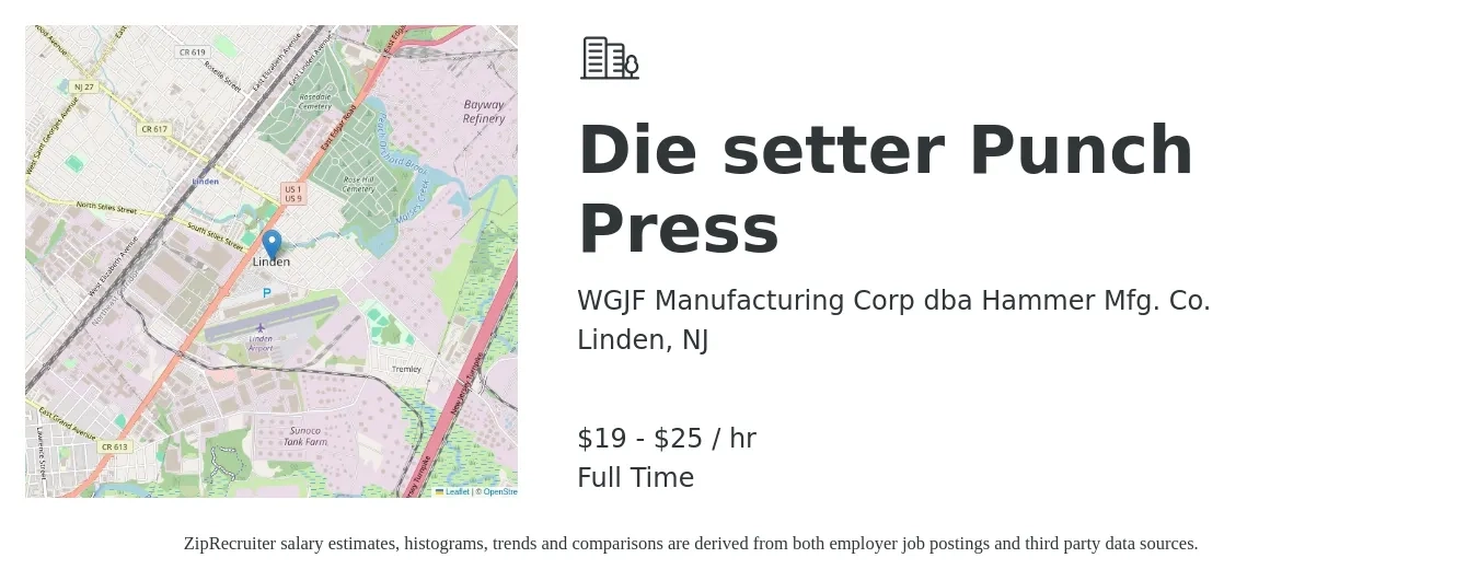 WGJF Manufacturing Corp dba Hammer Mfg. Co. job posting for a Die setter Punch Press in Linden, NJ with a salary of $20 to $26 Hourly with a map of Linden location.