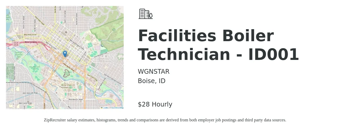 WGNSTAR job posting for a Facilities Boiler Technician - ID001 in Boise, ID with a salary of $30 Hourly with a map of Boise location.