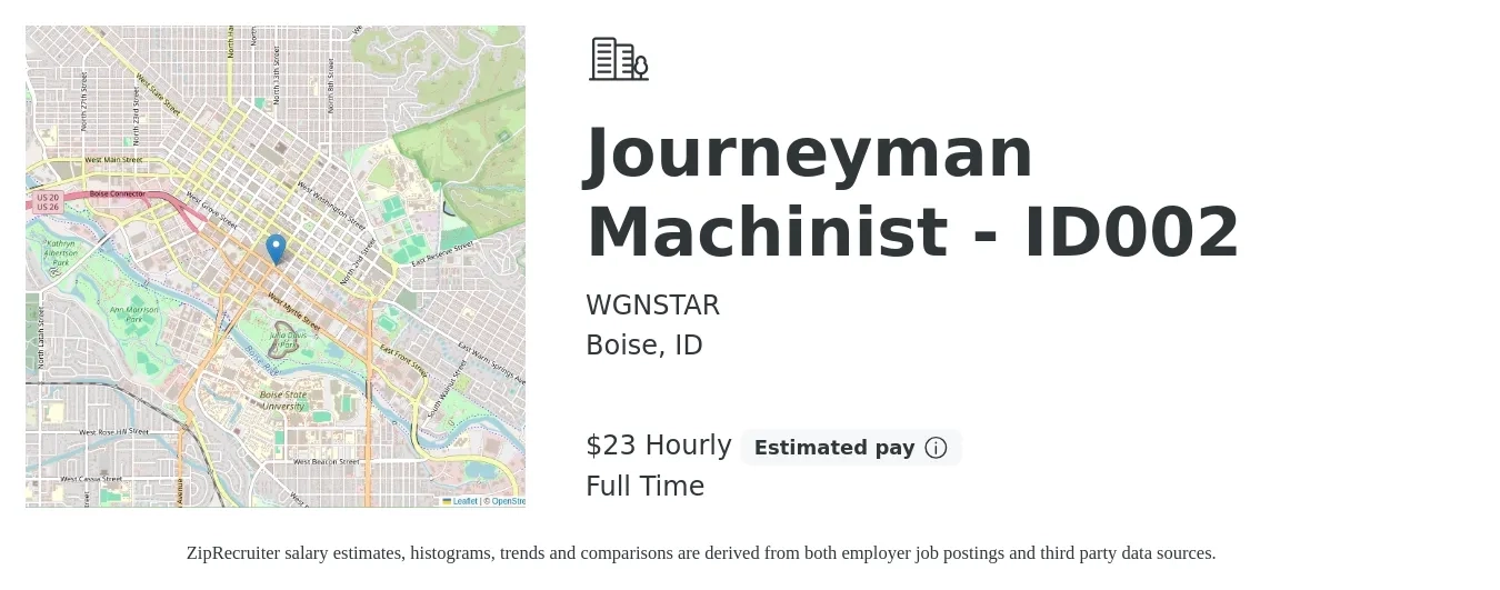 WGNSTAR job posting for a Journeyman Machinist - ID002 in Boise, ID with a salary of $24 Hourly with a map of Boise location.