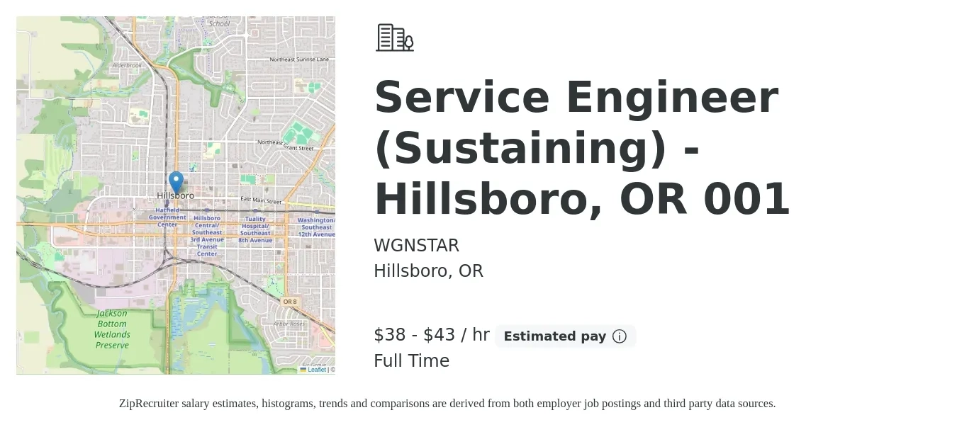 WGNSTAR job posting for a Service Engineer (Sustaining) - Hillsboro, OR 001 in Hillsboro, OR with a salary of $40 to $45 Hourly with a map of Hillsboro location.