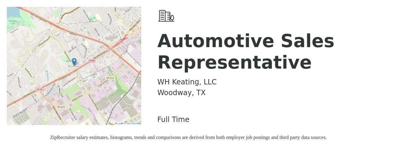 WH Keating, LLC job posting for a Automotive Sales Representative in Woodway, TX with a salary of $34,000 to $68,000 Yearly with a map of Woodway location.
