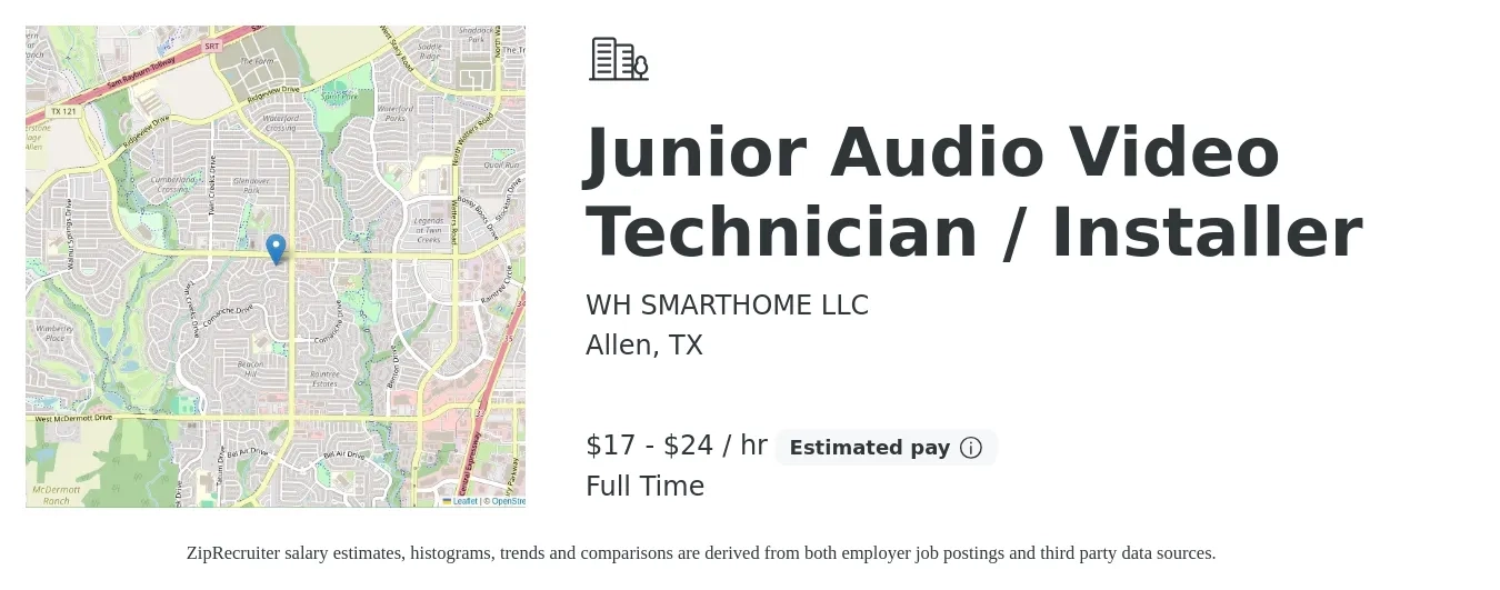 WH SMARTHOME LLC job posting for a Junior Audio Video Technician / Installer in Allen, TX with a salary of $18 to $25 Hourly with a map of Allen location.