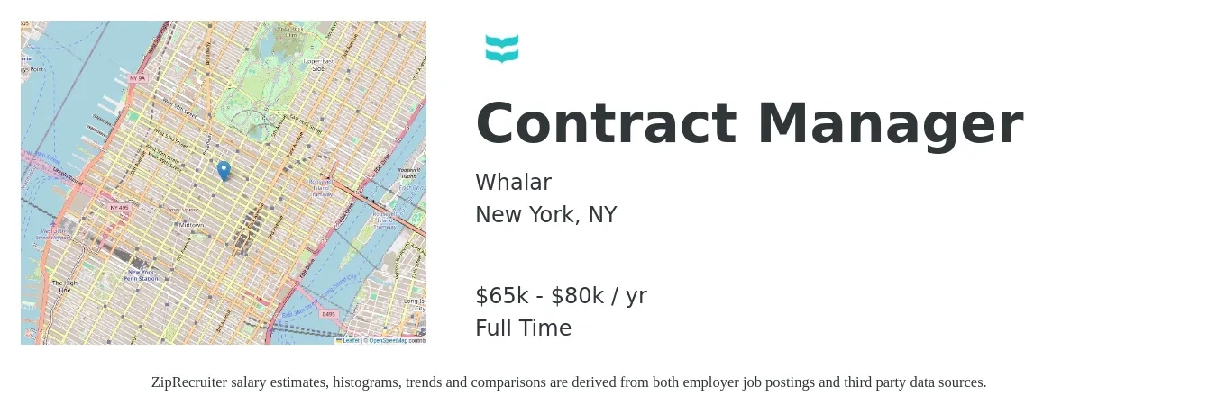 Whalar job posting for a Contract Manager in New York, NY with a salary of $65,000 to $80,000 Yearly with a map of New York location.