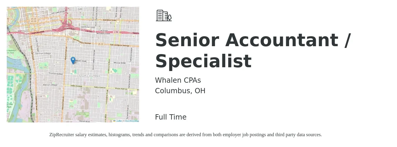 Whalen CPAs job posting for a Senior Accountant / Specialist in Columbus, OH with a salary of $71,500 to $89,800 Yearly with a map of Columbus location.