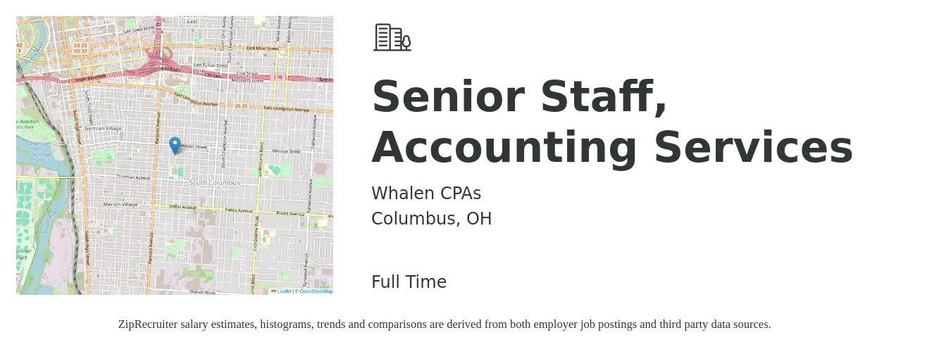 Whalen CPAs job posting for a Senior Staff, Accounting Services in Columbus, OH with a salary of $67,100 to $82,600 Yearly with a map of Columbus location.
