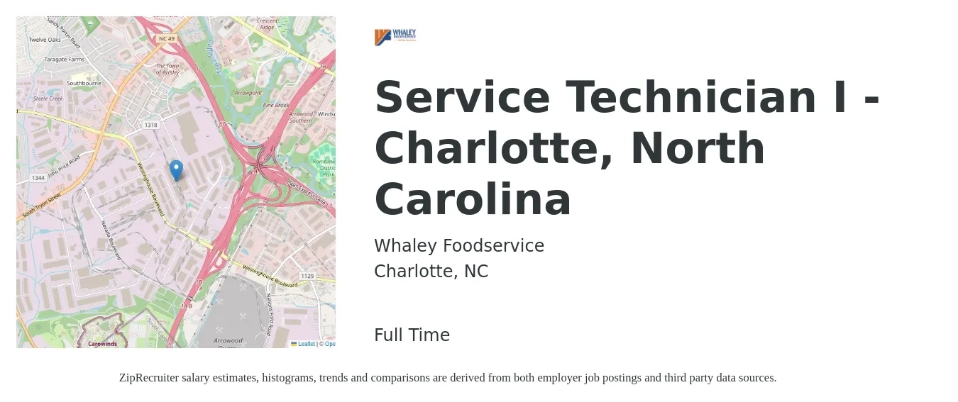 Whaley Foodservice job posting for a Service Technician I - Charlotte, North Carolina in Charlotte, NC with a salary of $19 to $26 Hourly with a map of Charlotte location.