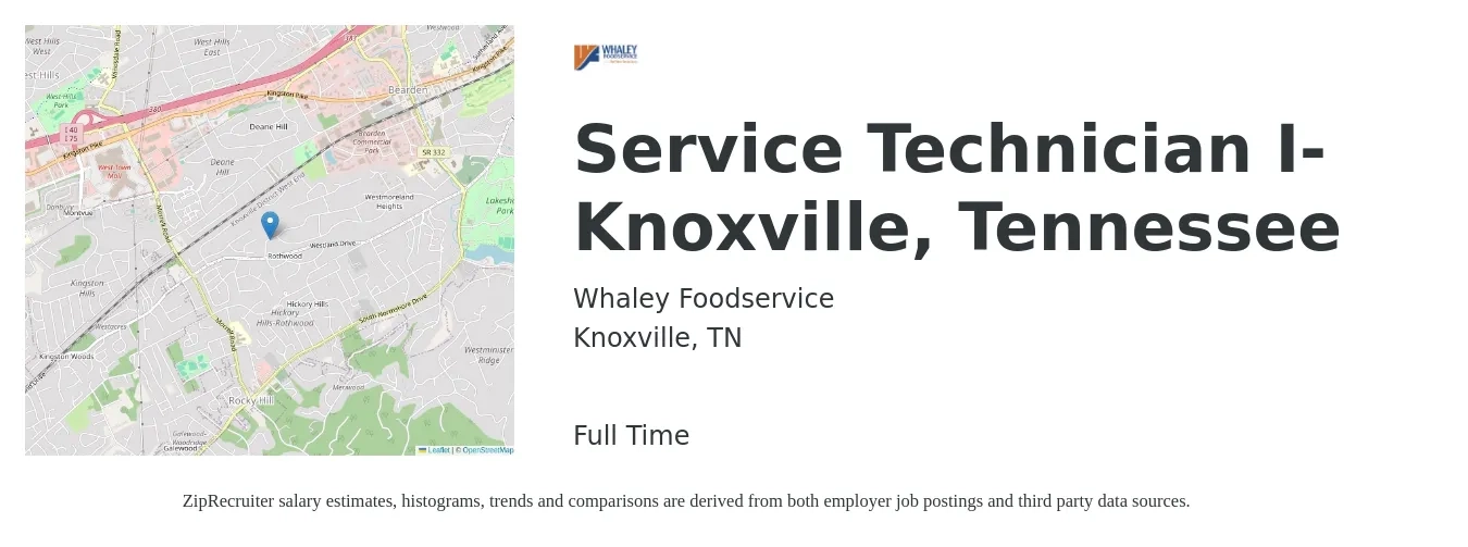 Whaley Foodservice job posting for a Service Technician I-Knoxville, Tennessee in Knoxville, TN with a salary of $19 to $26 Hourly with a map of Knoxville location.