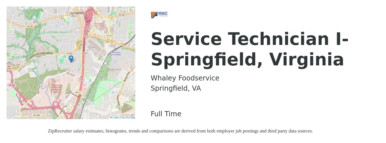 Whaley Foodservice job posting for a Service Technician I-Springfield, Virginia in Springfield, VA with a salary of $20 to $30 Hourly with a map of Springfield location.