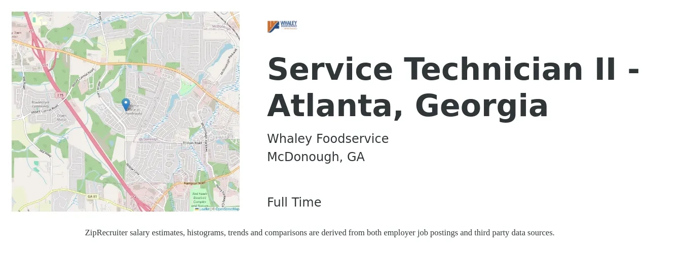 Whaley Foodservice job posting for a Service Technician II - Atlanta, Georgia in McDonough, GA with a salary of $19 to $28 Hourly with a map of McDonough location.
