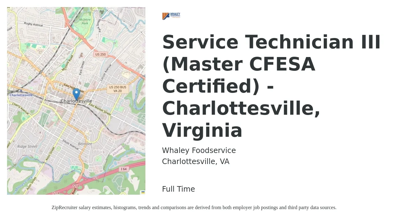Whaley Foodservice job posting for a Service Technician III (Master CFESA Certified) - Charlottesville, Virginia in Charlottesville, VA with a salary of $19 to $28 Hourly with a map of Charlottesville location.