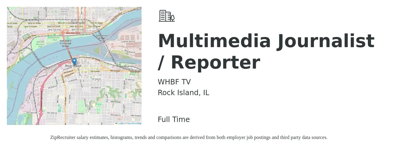 WHBF TV job posting for a Multimedia Journalist / Reporter in Rock Island, IL with a salary of $17 to $35 Hourly with a map of Rock Island location.