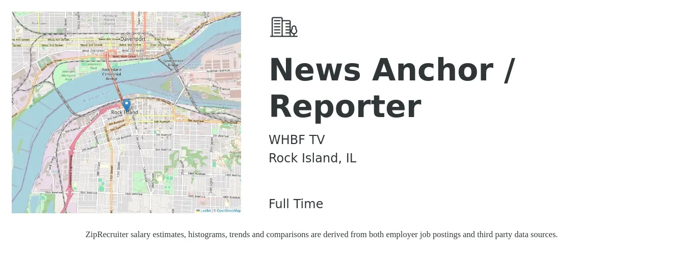 WHBF TV job posting for a News Anchor / Reporter in Rock Island, IL with a salary of $18 to $23 Hourly with a map of Rock Island location.