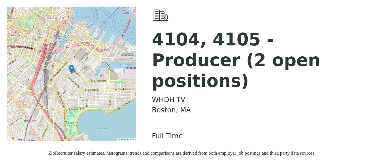 WHDH-TV job posting for a 4104, 4105 - Producer (2 open positions) in Boston, MA with a salary of $134,700 to $136,900 Yearly with a map of Boston location.